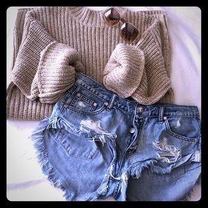 Knit Crew Neck  Long Tan Sweater